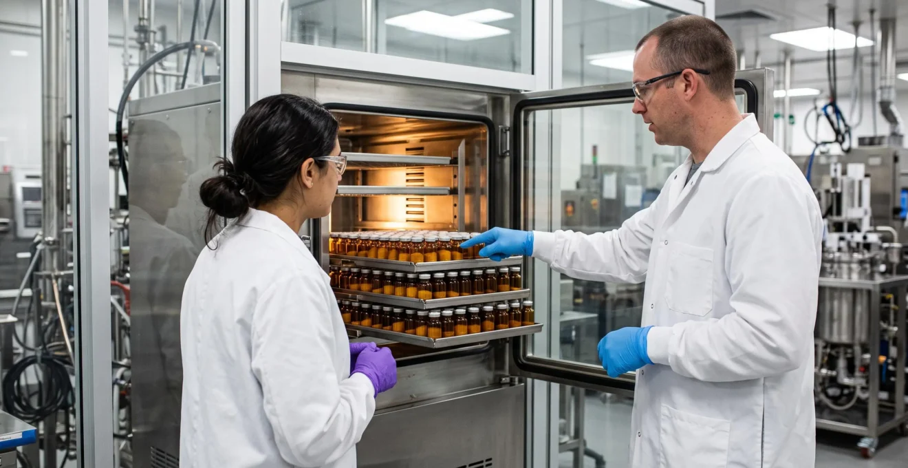 An engineer and a researcher examine vials of freeze-dried glycoproduct inside a lyophilizer in a purification suite.