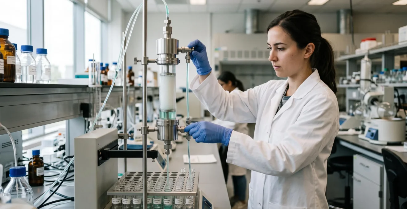 A scientist adjusts the valve of a preparative chromatography column in a laboratory while collecting purified fractions.
