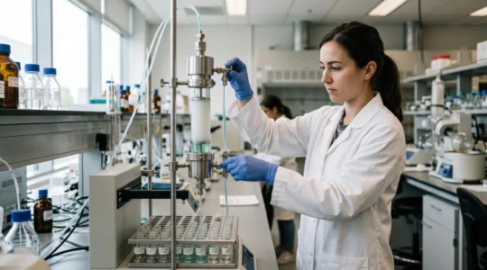 A scientist adjusts the valve of a preparative chromatography column in a laboratory while collecting purified fractions.