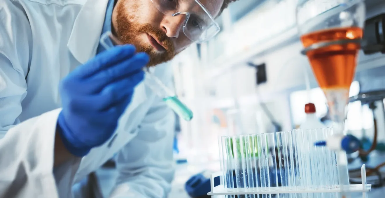 A gloved technician examines a clear vial of purified carbohydrate solution in front of an open UV spectrophotometer.